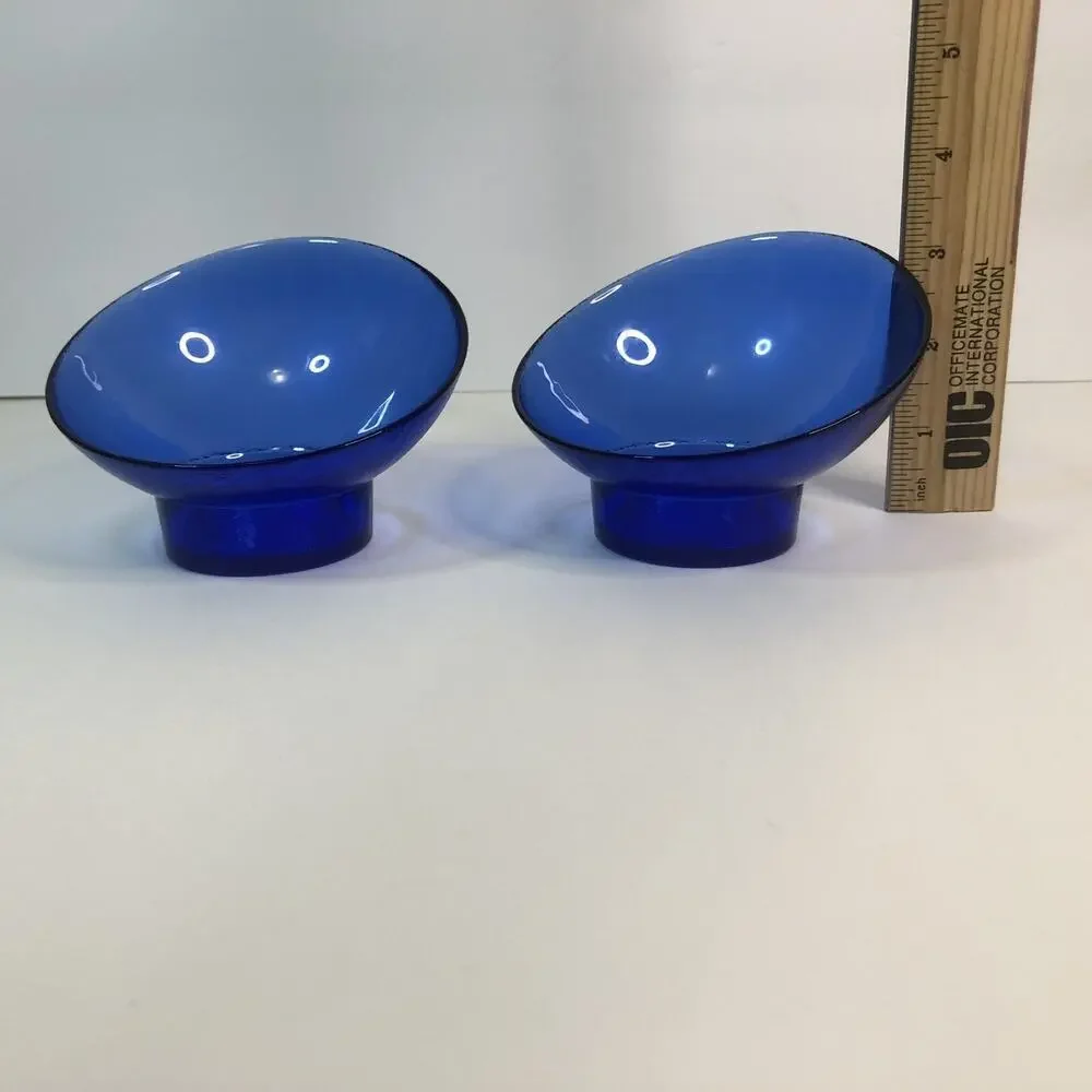 MCM egg shaped textured glass candle holder set of 2 3-inch cobalt blue